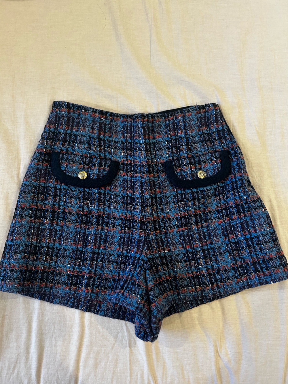 Sandro Blue Tweed Flat-Front Shorts with Navy Trim